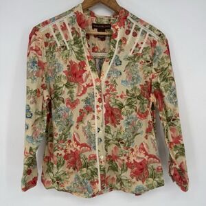 Bandolino Y2K Women's Blouse Bold Floral‎ Lace Trim Button Front Large Vintage